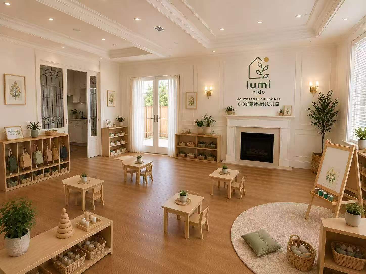 A light-filled Lumi Nido classroom with wooden furniture and child-height shelves